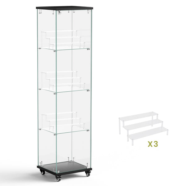 English Elm 4 Tier Glass Display Cabinet - Lockable Floor Standing Storage With Acrylic Shelves & Wheels For Versatility W1668P241902
