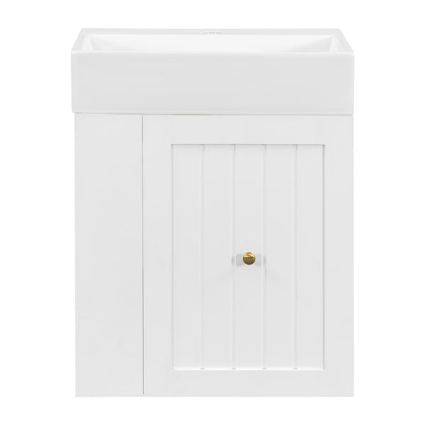 English Elm 20-Inch Compact Bathroom Vanity with Ceramic Sink, Wall-Mounted MDF Cabinet, Modern Space-Saver Design White N725P314023K