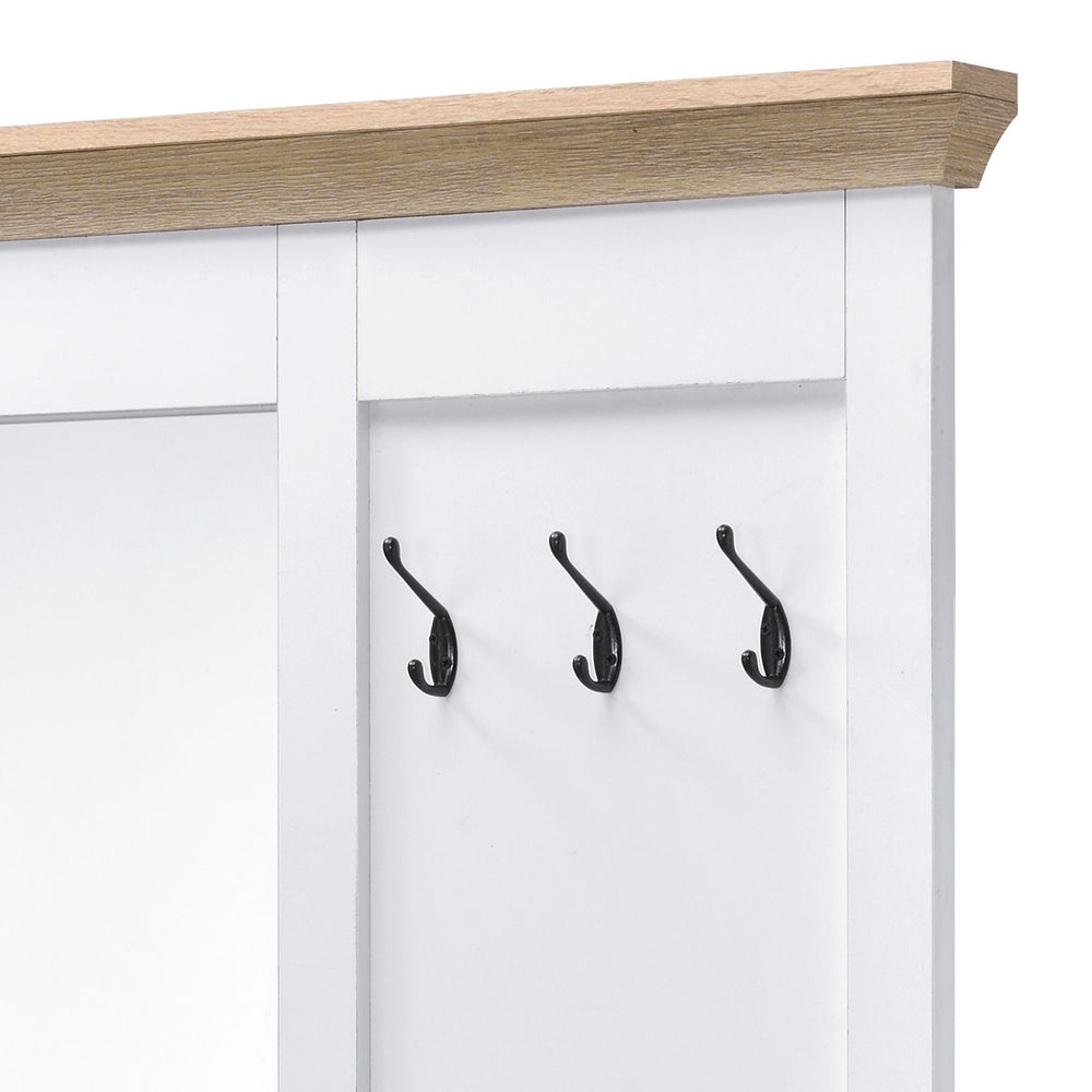 English Elm Melati Light Oak & White Hall Tree with Mirror Bench, 3 Hooks, 2 Open Shoe Storage Compartments B2726P278587