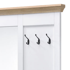 English Elm Melati Light Oak & White Hall Tree with Mirror Bench, 3 Hooks, 2 Open Shoe Storage Compartments B2726P278587
