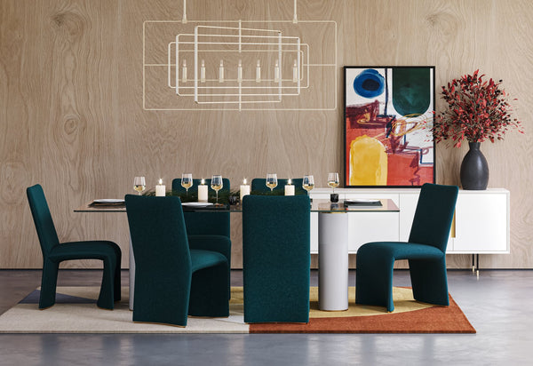 Sunpan Aemond 86.5" Elegant Dining Table with Clear Glass Top & White Concrete Legs for Stylish Spaces