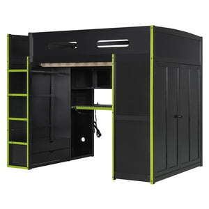 English Elm Full Size Gaming Loft Bed with Rgb Lighting Desk Wardrobe and Built-in Storage Green LT100261AAG