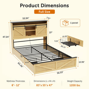 English Elm Farmhouse Full Size Bed Frame With Storage Headboard, Charging Station, Led Lights & Rustic Charm W1550P343683