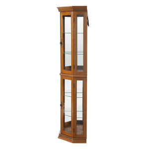 English Elm Corner Curio Cabinet with Lighted Top, Mirrored Back, Tempered Glass Shelves, Walnut Finish Elegance Oak W1693P165016