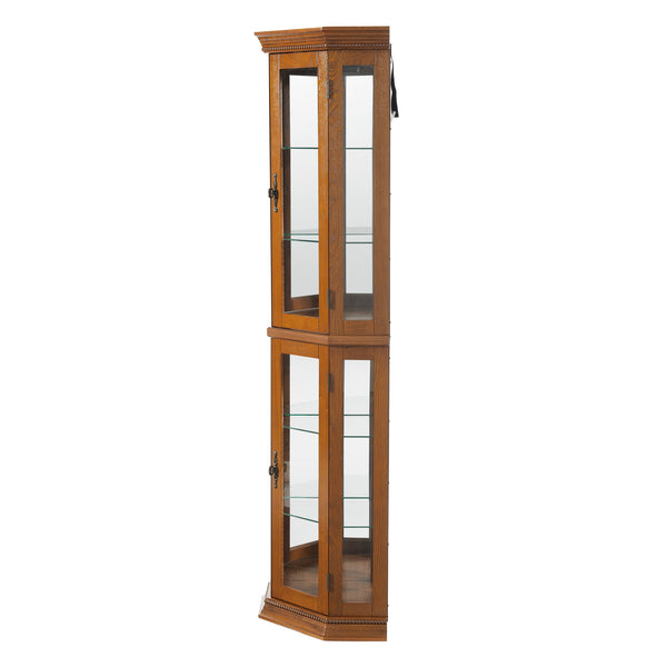 English Elm Corner Curio Cabinet with Lighted Top, Mirrored Back, Tempered Glass Shelves, Walnut Finish Elegance Oak W1693P165016