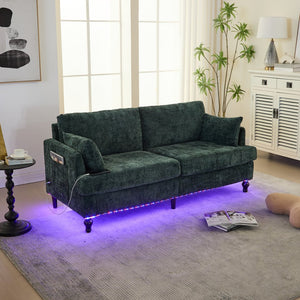 English Elm Modern chenille 2-seater sofa with LED lighting, USB charging, storage pocket, sturdy wood legs Emerald W395P318546