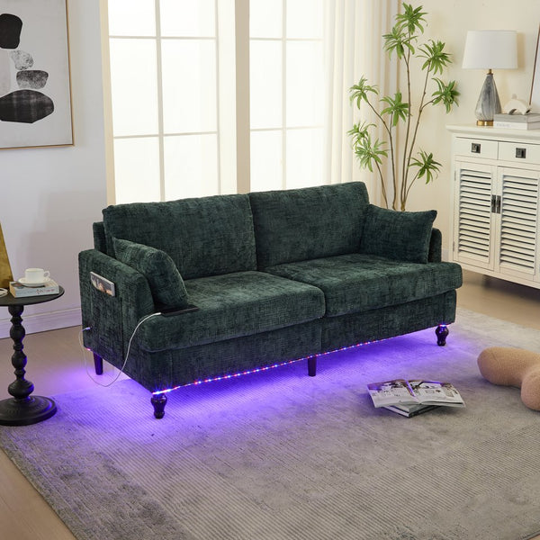 English Elm Modern chenille 2-seater sofa with LED lighting, USB charging, storage pocket, sturdy wood legs Emerald W395P318546