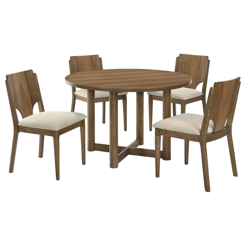 English Elm Graham Round Walnut Veneer Dining Set with X-cross Base and Cushioned Side Chairs B062S01724