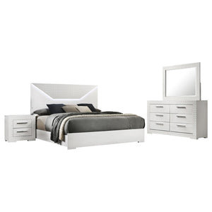English Elm Pierce Queen Bedroom Set with Led Headboard Diamond Embossed High Gloss Finish Gloss White B062S01733