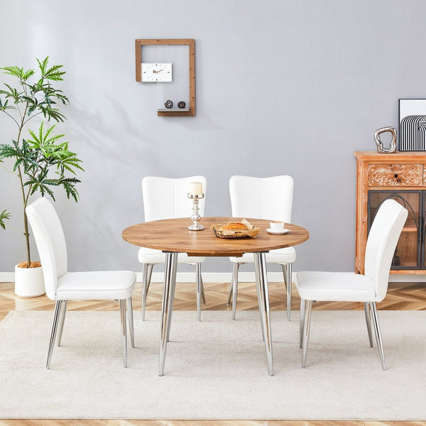 English Elm Table Set Extendable Round to Oval Wood Grain Top with Four White Pu Dining Chairs W1151S03962