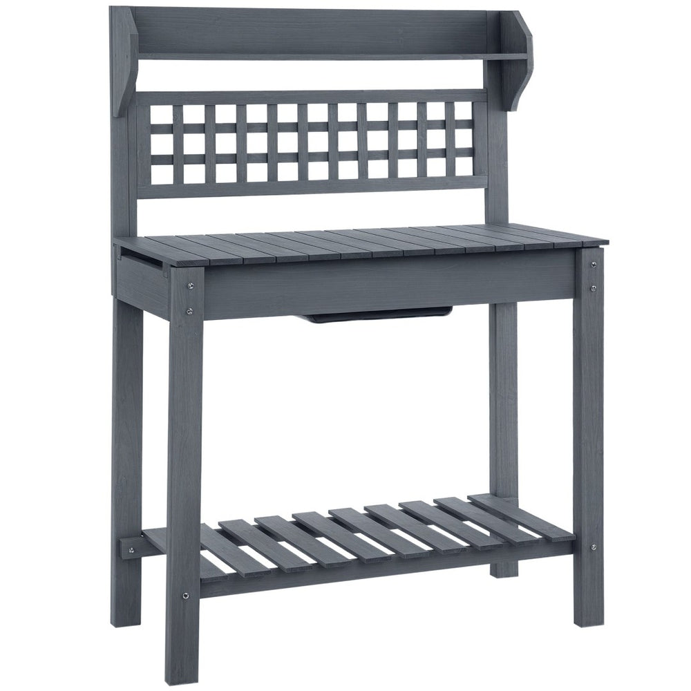 English Elm Outdoor Solid Fir Potting Bench with Dry Sink Sliding Top and Tiered Garden Storage T3971P387810