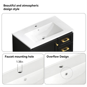 English Elm 30"black Matte Finish Bathroom Vanity with Soft Close Cabinet and Three Storage Drawers Black W3133S00018