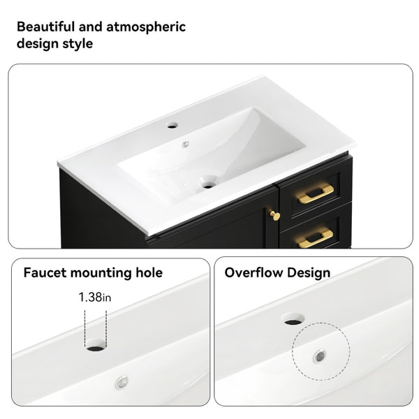 English Elm 30"black Matte Finish Bathroom Vanity with Soft Close Cabinet and Three Storage Drawers Black W3133S00018