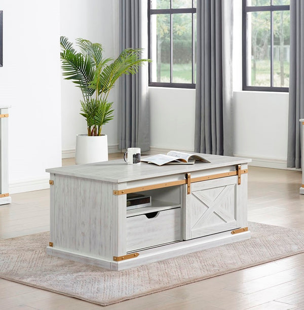 English Elm Rustic Glam Barnwood Coffee Table with Dual-Sided Center Drawer, Open Shelves & Metal Trim Accents Antique White,Gold 51 L x 27 W x 23 H B2741P320884