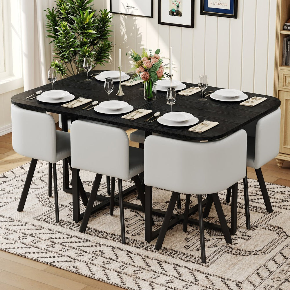 English Elm 7 Piece Modern Dining Set Black Wood Grain Table Gray Pu Chairs Seats Six W3875S00096