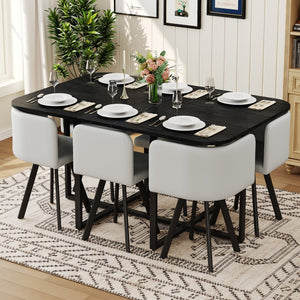 English Elm 7 Piece Modern Dining Set Black Wood Grain Table Gray Pu Chairs Seats Six W3875S00096