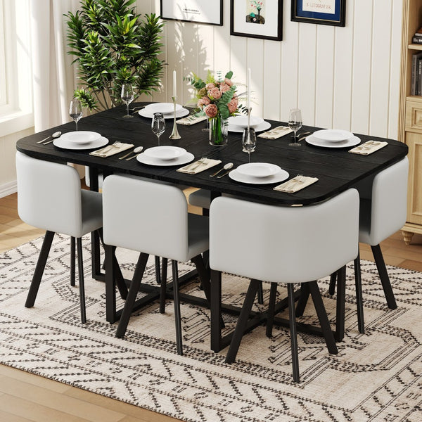 English Elm 7 Piece Modern Dining Set Black Wood Grain Table Gray Pu Chairs Seats Six W3875S00096
