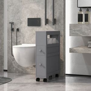 English Elm HOMCOM Slim Rolling Bathroom Storage Cabinet 6.25" W x 28.25" H Gray MDF, 2 Drawers & Shelf, Locking Wheels, 45 lb Capacity W2225P200615