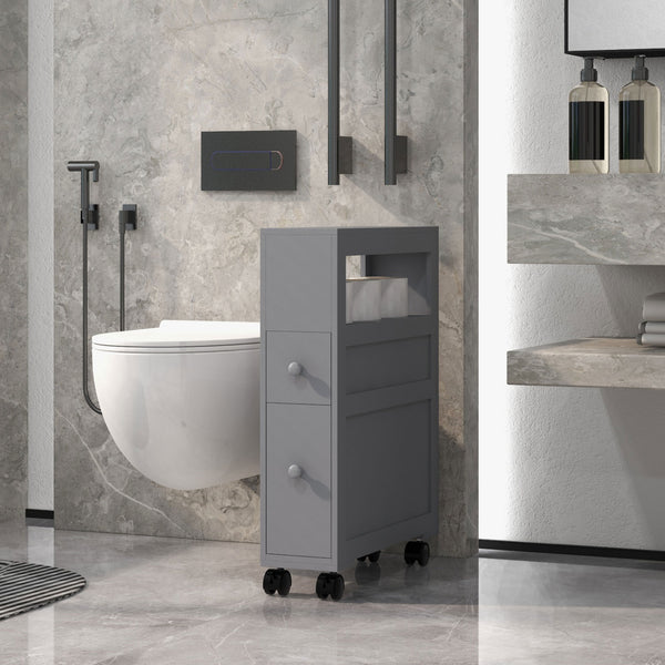 English Elm HOMCOM Slim Rolling Bathroom Storage Cabinet 6.25" W x 28.25" H Gray MDF, 2 Drawers & Shelf, Locking Wheels, 45 lb Capacity W2225P200615