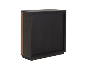 Sunpan Dresden Bar Cabinet - Mid-Century Elegance with Smoke Grey Oak, Faux Leather Doors & Wine Storage