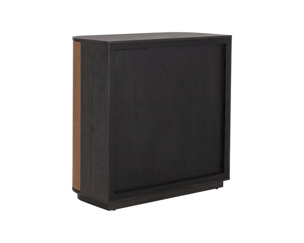 Sunpan Dresden Bar Cabinet - Mid-Century Elegance with Smoke Grey Oak, Faux Leather Doors & Wine Storage
