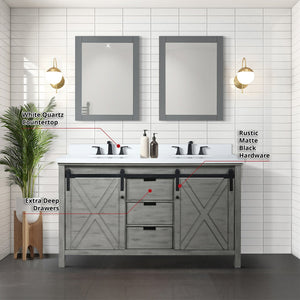 English Elm Ash Grey Double Bath Vanity With White Quartz Top, Matte Black Faucet, & 24" Mirrors - Stylish Storage B2731S01072