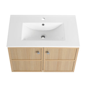 English Elm 30" Oak Wall-Mounted Bathroom Vanity with Ceramic Sink, 2 Soft-Closing Doors, Plywood Build, Space-Saving Design W1972S00022