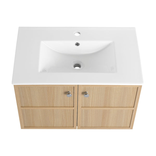 English Elm 30" Oak Wall-Mounted Bathroom Vanity with Ceramic Sink, 2 Soft-Closing Doors, Plywood Build, Space-Saving Design W1972S00022