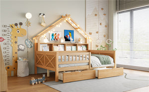 English Elm Wood Full Size Gaming Loft Bed with Integrated Desk, Shelves, LED Lighting & Hanging Clothes Rack Natural N7090001044N