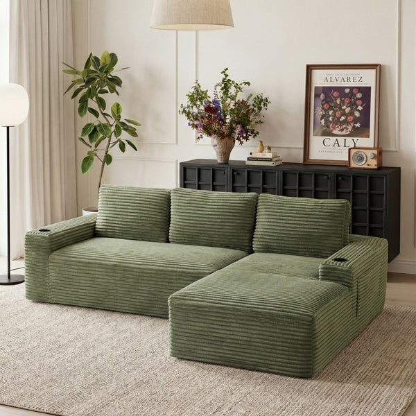 English Elm 104 Inch Corduroy Modular Sectional Sofa with L Chaise Deep Sink Comfort W5515S00025
