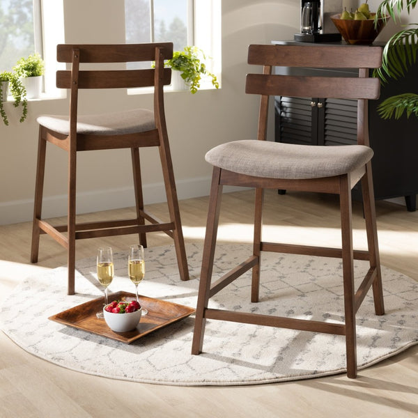 Baxton Studio Baxton Studio Larine Modern Fabric Upholstered Walnut Counter Stools Set for Stylish Dining Spaces Light Boba-Light Grey/Walnut-Counter Stool