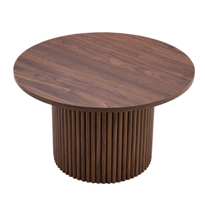 English Elm A modern circular coffee table Walnut MDF with hidden storage, cylindrical textured legs, polished edge detail, 27.5" diameter W1512P410543