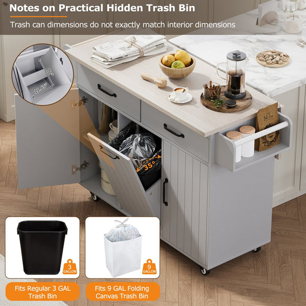 English Elm K&K Kitchen Island with Tilt-Out Trash Can, Drop Leaf Counter, Adjustable Shelf, Rolling Cart Grey WF326381AAG