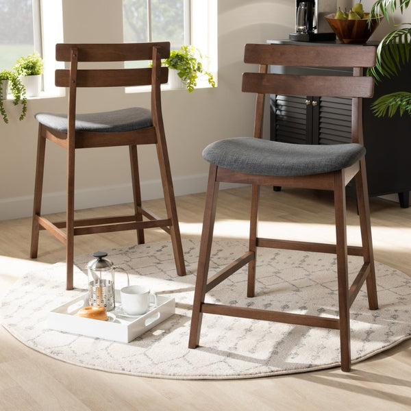 Baxton Studio Baxton Studio Larine Modern Fabric Upholstered Walnut Counter Stools Set for Stylish Dining Spaces Dark Boba-Dark Grey/Walnut-Counter Stool