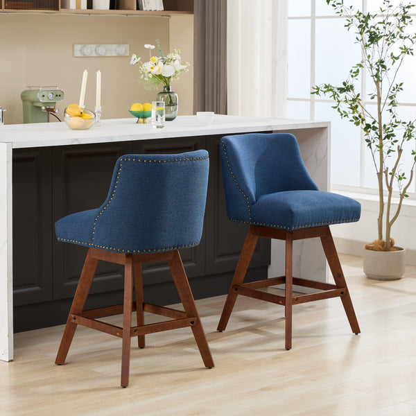 English Elm Counter Curved Back Swivel Barstool Set of 2 with Thick Foam & Steel Spring Cushion, 360° Rotation, 300lb Capacity Blue W1143P237897