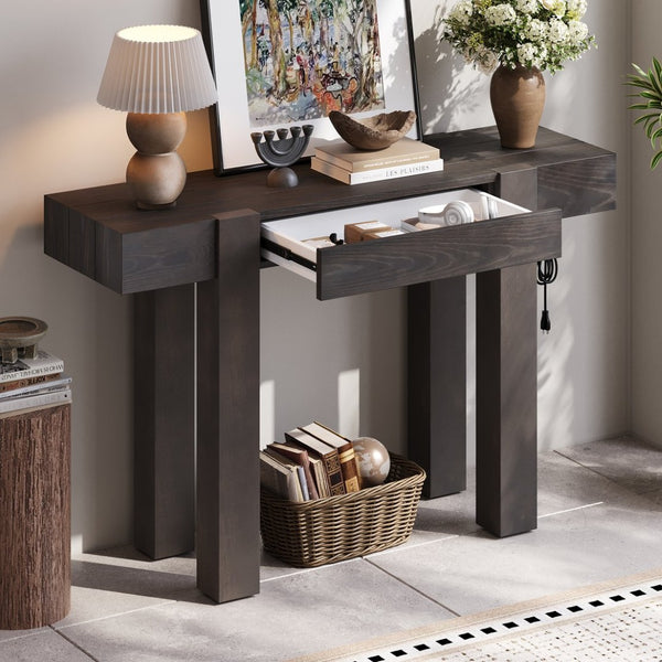 English Elm Trexm Ash Veneer Entryway Console Table Built in Power Outlet Drawer Rubberwood Espresso N715P361518P