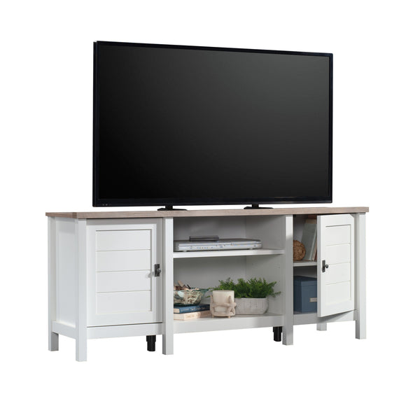 English Elm Credenza, Stylish White Finish Media Stand With Adjustable Shelves For Modern Storage Solutions B356P402675
