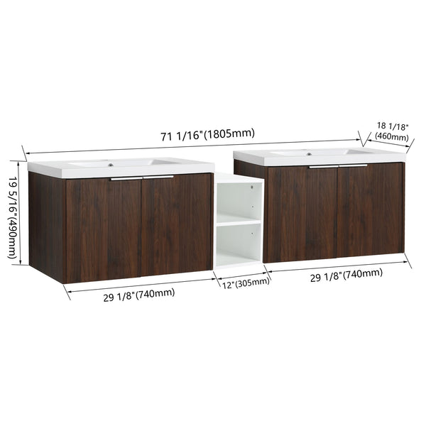 English Elm 72 Inch Wall Mounted Vanity with Resin Sink, Soft-Close Doors, Ample Storage Shelves, Durable Eco Plywood Finish California Walnut W999S00189