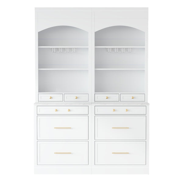 English Elm Modern Tall Kitchen Pantry Set of Two with Faux Marble Top and Glass Holders White SP000175AAK