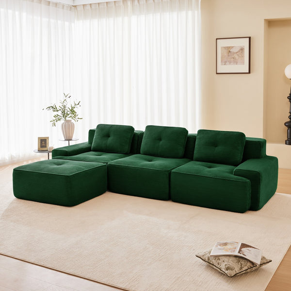 English Elm 117" Modern L-Shaped Modular Sectional Sofa - Stylish Comfort, Deep Seating, Movable Ottoman, Green W714S01486