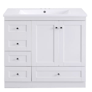 English Elm 36 Inch Shaker Bathroom Vanity with Resin Sink Four Soft Close Drawers Mdf Cabinet White N729P000028K
