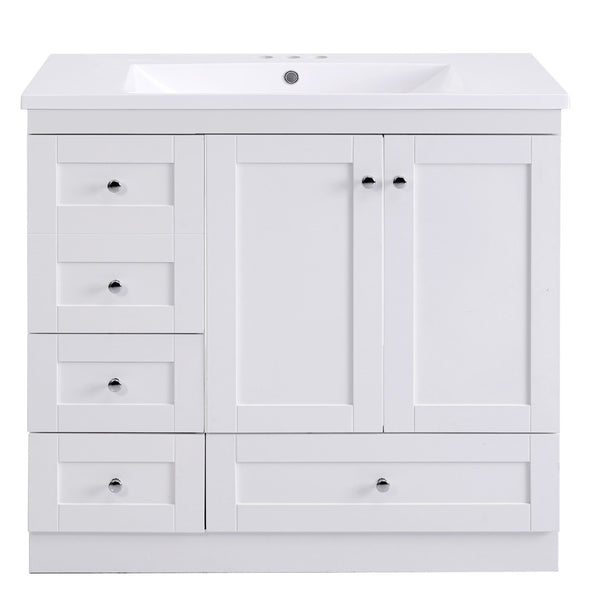English Elm 36 Inch Shaker Bathroom Vanity with Resin Sink Four Soft Close Drawers Mdf Cabinet White N729P000028K