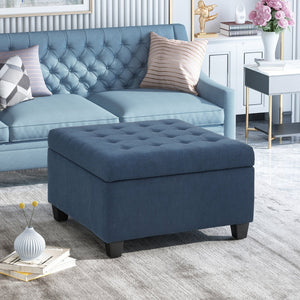 English Elm Upholstered Waffle Tufted Storage Ottoman with Birch Legs for Modern Living Rooms Navy Blue N757P377356N