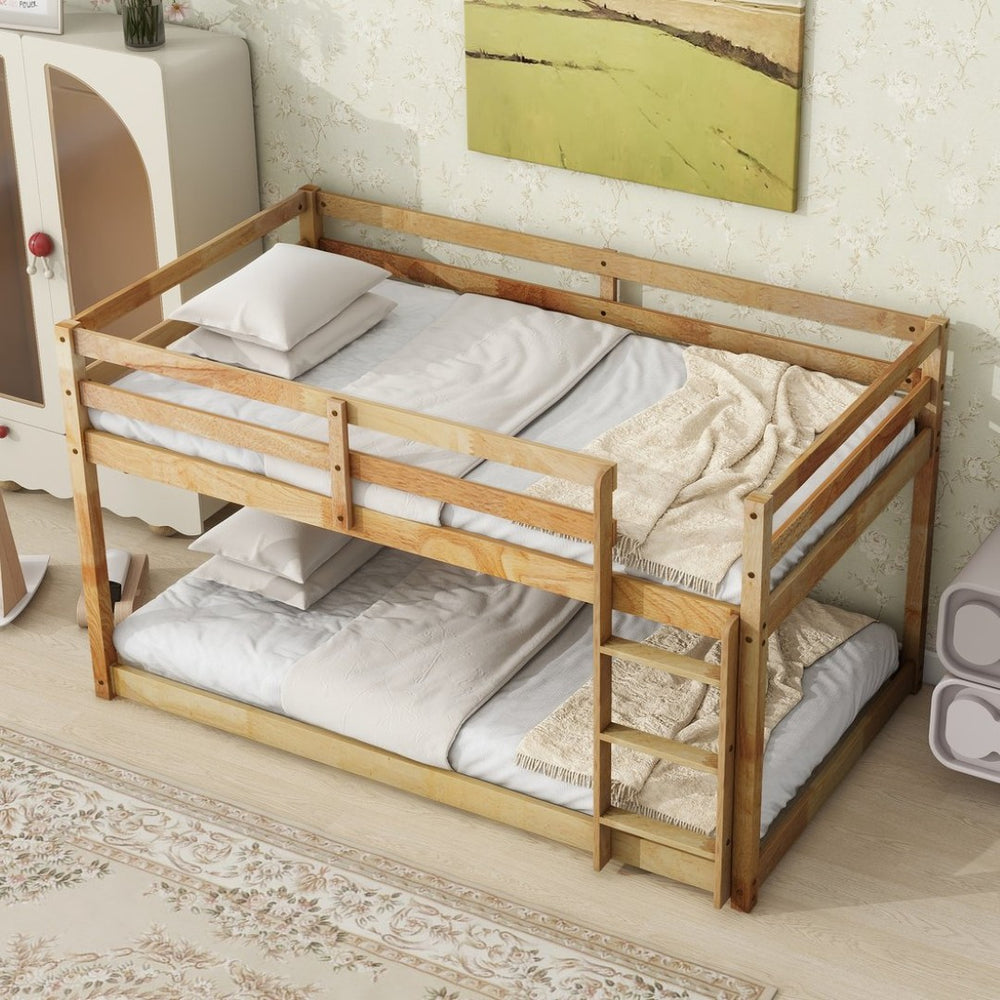 English Elm Solid Wooden Twin Over Twin Floor Bunk Bed With Ladder – Durable Rubberwood, Stylish & Safe Design W504P191652-GIGA
