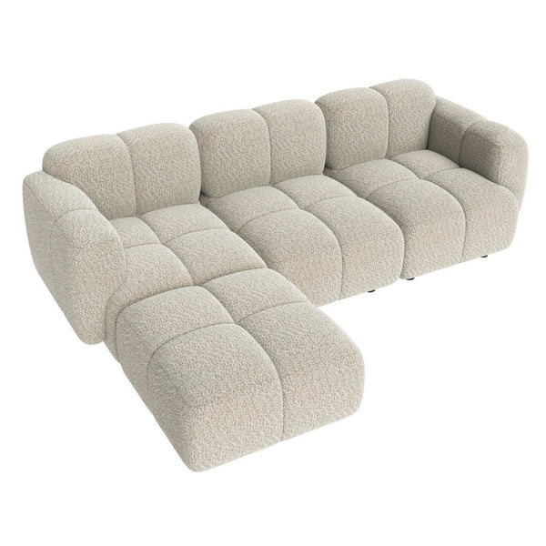 English Elm Beige Boucle L-shaped Sectional with Sculptural Cushion Blocks and Movable Ottoman Beige N758T404142A