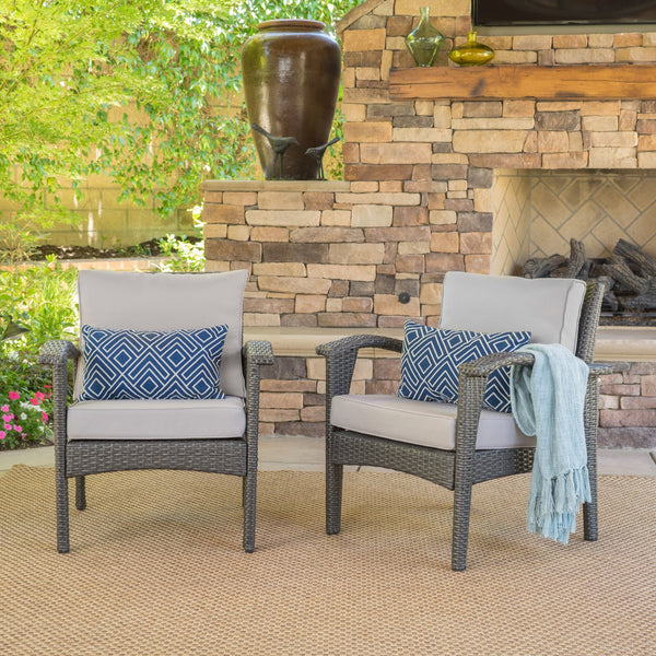 English Elm Christopher Knight Home® - HONOLULU Woven Rattan Club Chair Set — Durable PE Rattan & Iron Frame, Waterproof Fabric, Cozy Seating Grey+Silver 52918.00GRYMP2