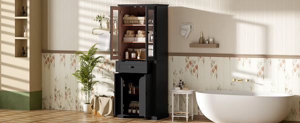 English Elm 67.2" Tall Bathroom Storage Cabinet with Tempered Glass Doors, Adjustable Shelves, Soft-Close Hinges and Anti-Tip Safety Black N729P310006B