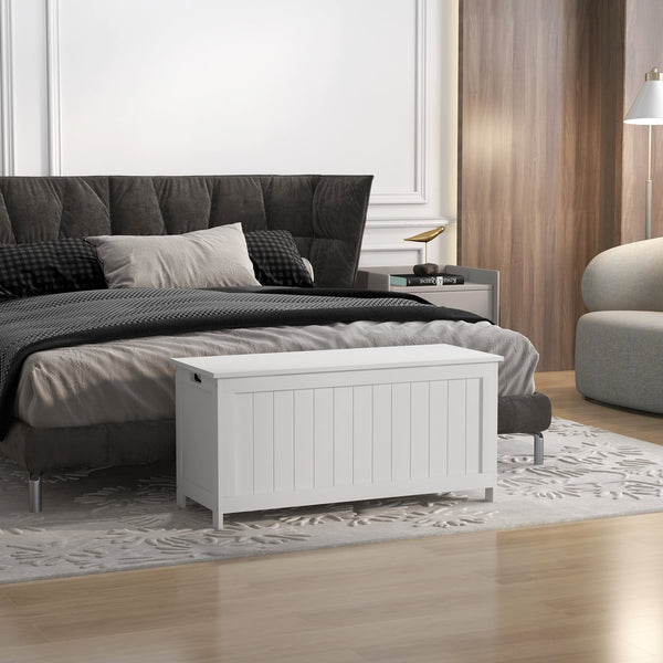 English Elm HOMCOM Spacious 39.4" Wooden Storage Chest with Safety Hinges, Sturdy Seat, Handles, 352 lb Cap. White W2225P173961