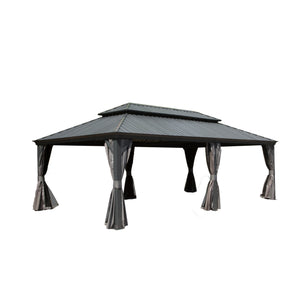 English Elm 14x22FT Hardtop Gazebo Metal Pavilion with Galvanized Double Roof, Aluminum Frame, Gutter, Curtains & Netting Grey W1859S00105