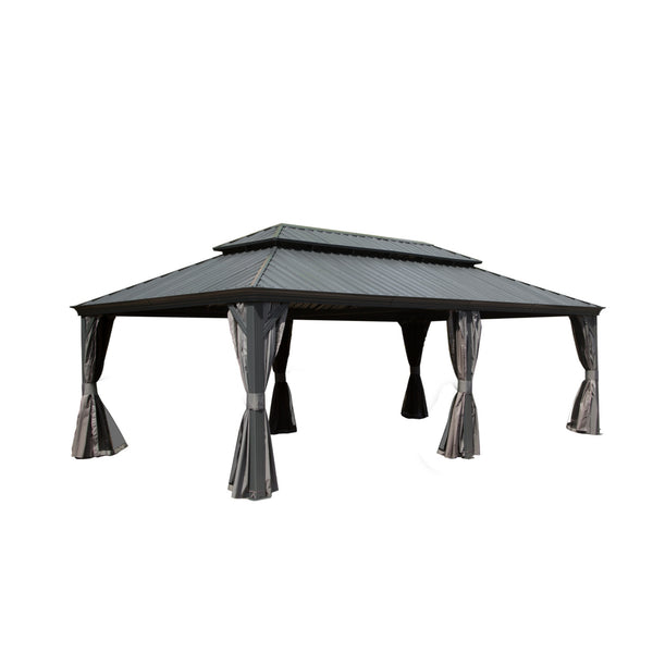 English Elm 14x22FT Hardtop Gazebo Metal Pavilion with Galvanized Double Roof, Aluminum Frame, Gutter, Curtains & Netting Grey W1859S00105